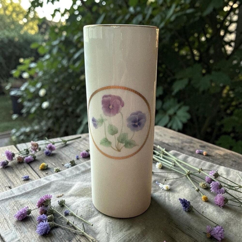 Otagiri Japan Pansy Bud Vase Floral Gold Trim Detail Design 6.5" Vintage